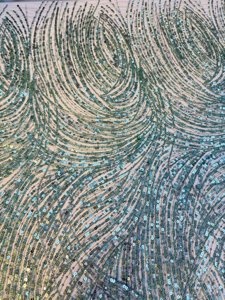Luxury Mint Green Sequin Waves Embroidery Fabric – Haute Couture Edition