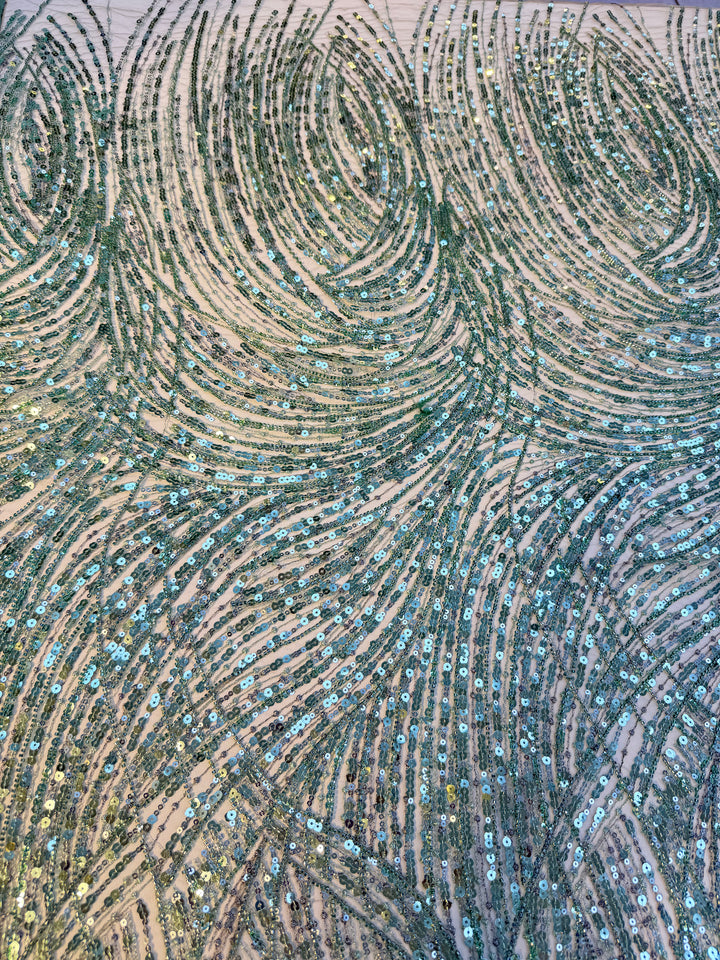 Luxury Mint Green Sequin Waves Embroidery Fabric – Haute Couture Edition