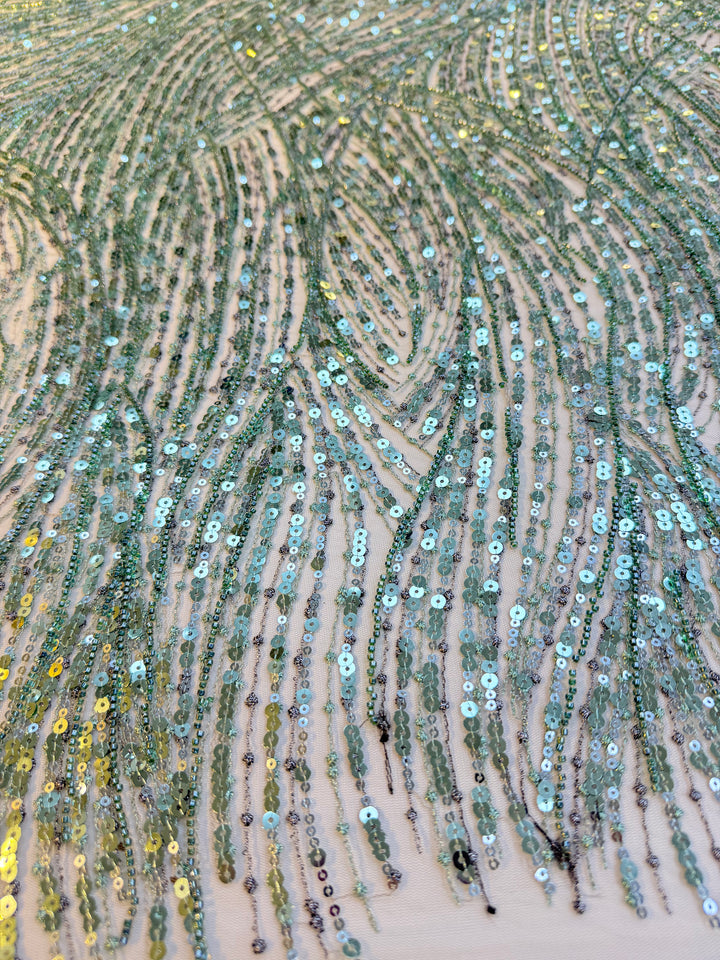 Luxury Mint Green Sequin Waves Embroidery Fabric – Haute Couture Edition