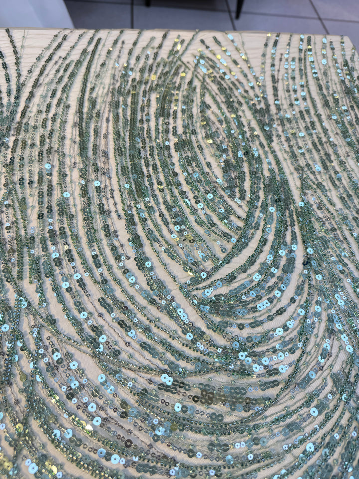 Luxury Mint Green Sequin Waves Embroidery Fabric – Haute Couture Edition