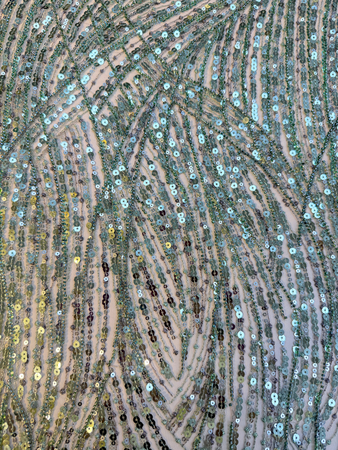 Luxury Mint Green Sequin Waves Embroidery Fabric – Haute Couture Edition