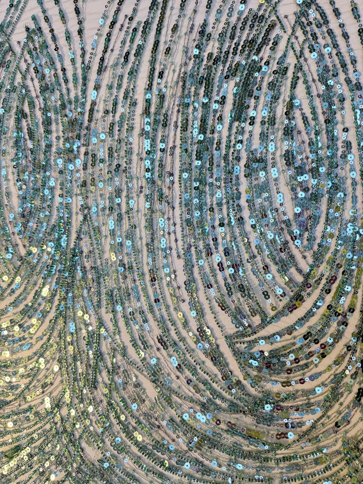 Luxury Mint Green Sequin Waves Embroidery Fabric – Haute Couture Edition