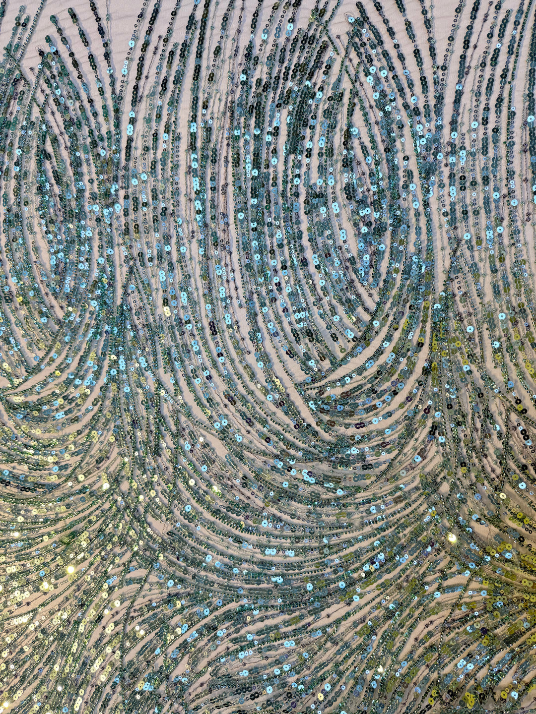 Luxury Mint Green Sequin Waves Embroidery Fabric – Haute Couture Edition