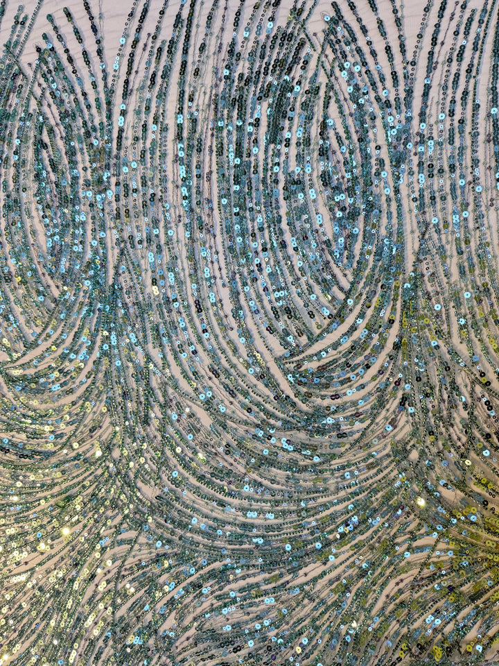 Luxury Mint Green Sequin Waves Embroidery Fabric – Haute Couture Edition