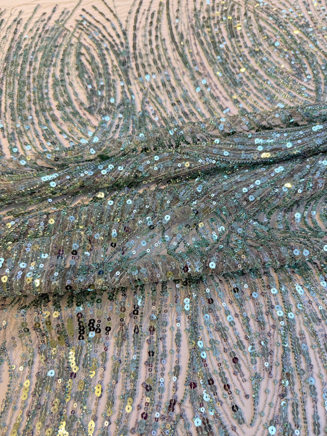 Luxury Mint Green Sequin Waves Embroidery Fabric – Haute Couture Edition