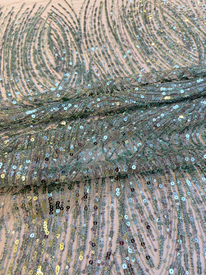 Luxury Mint Green Sequin Waves Embroidery Fabric – Haute Couture Edition