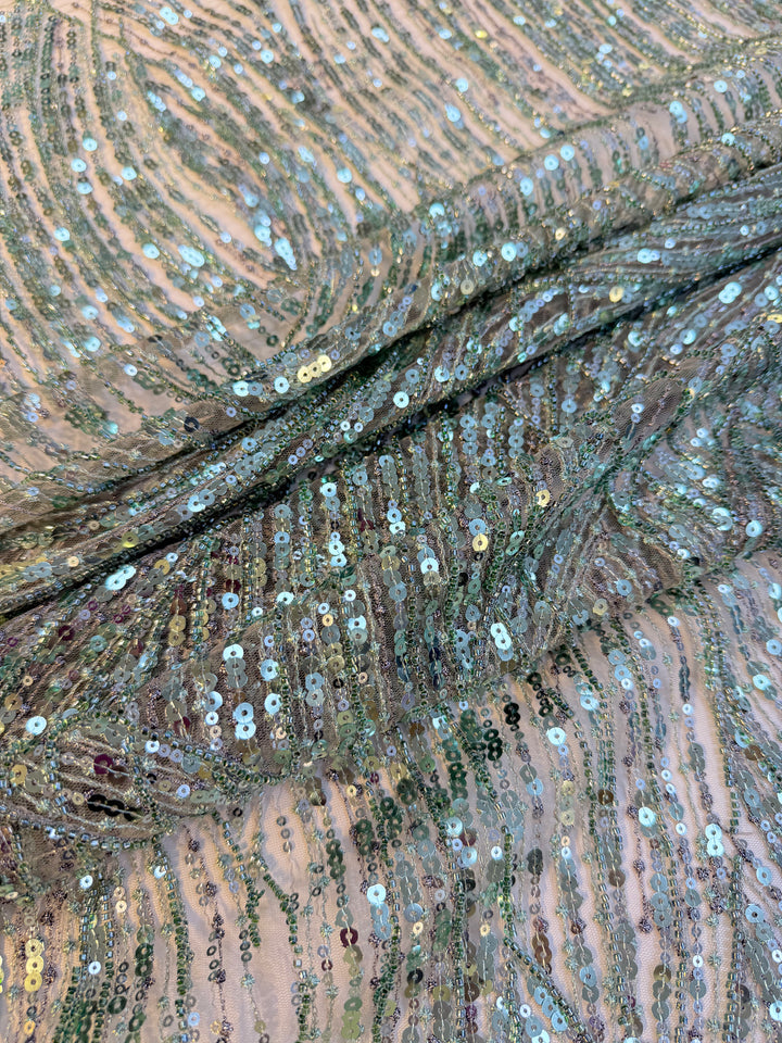 Luxury Mint Green Sequin Waves Embroidery Fabric – Haute Couture Edition
