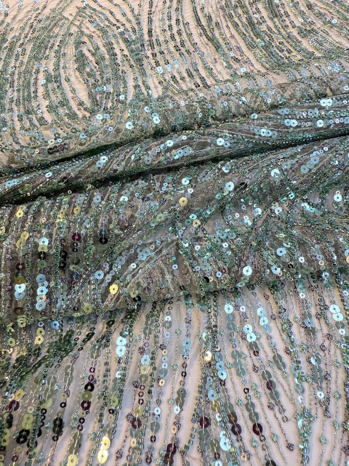 Luxury Mint Green Sequin Waves Embroidery Fabric – Haute Couture Edition