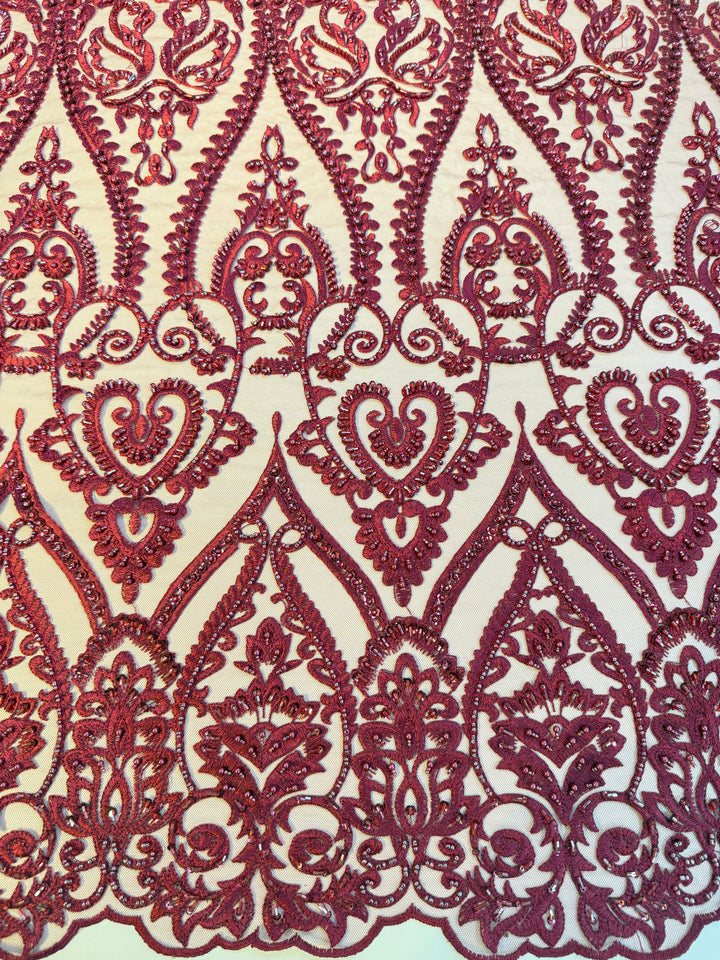 Luxury Burgundy Embroidered Lace with Sequins & Beads – Bridal & Haute Couture Fabric