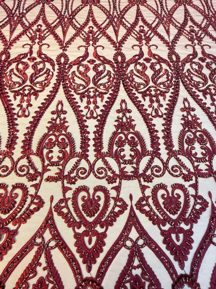 Luxury Burgundy Embroidered Lace with Sequins & Beads – Bridal & Haute Couture Fabric