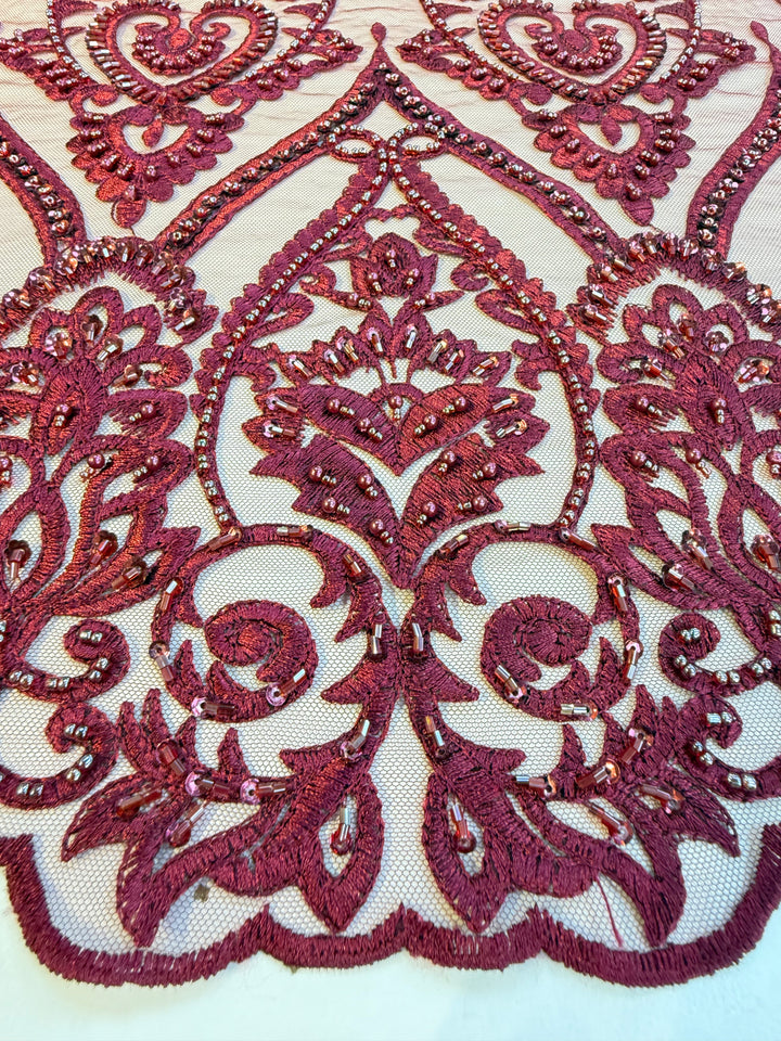 Luxury Burgundy Embroidered Lace with Sequins & Beads – Bridal & Haute Couture Fabric