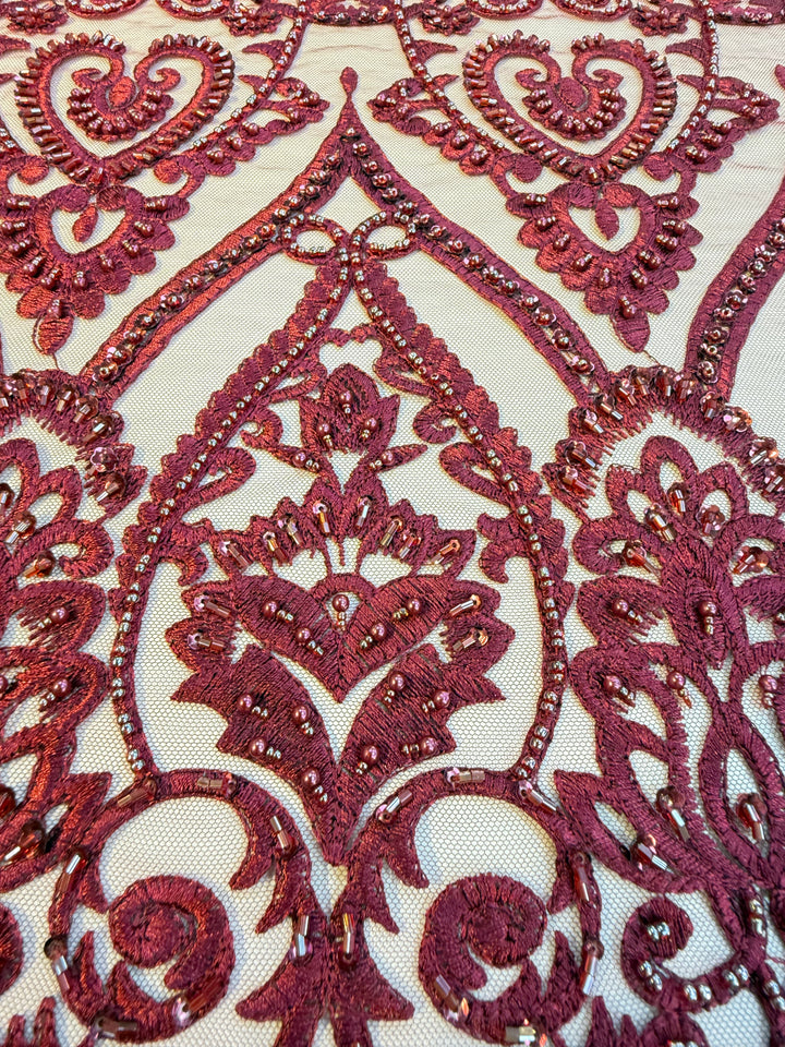 Luxury Burgundy Embroidered Lace with Sequins & Beads – Bridal & Haute Couture Fabric