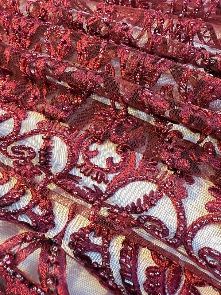 Luxury Burgundy Embroidered Lace with Sequins & Beads – Bridal & Haute Couture Fabric