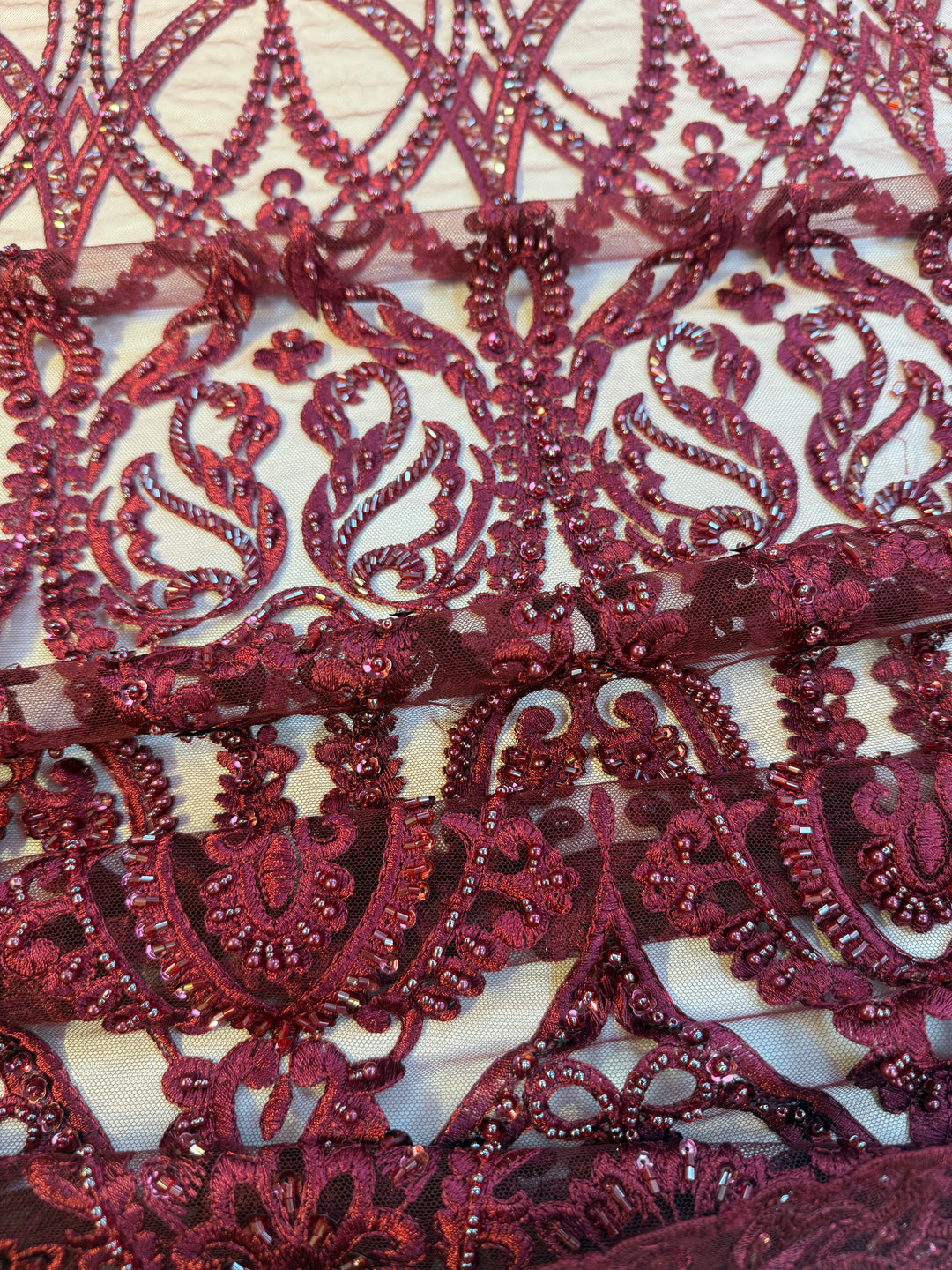 Luxury Burgundy Embroidered Lace with Sequins & Beads – Bridal & Haute Couture Fabric