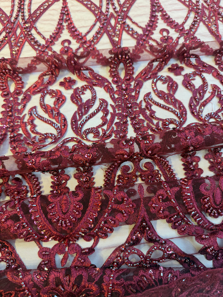 Luxury Burgundy Embroidered Lace with Sequins & Beads – Bridal & Haute Couture Fabric