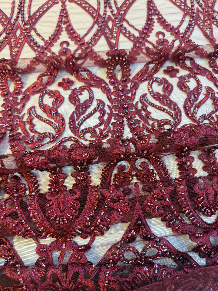 Luxury Burgundy Embroidered Lace with Sequins & Beads – Bridal & Haute Couture Fabric