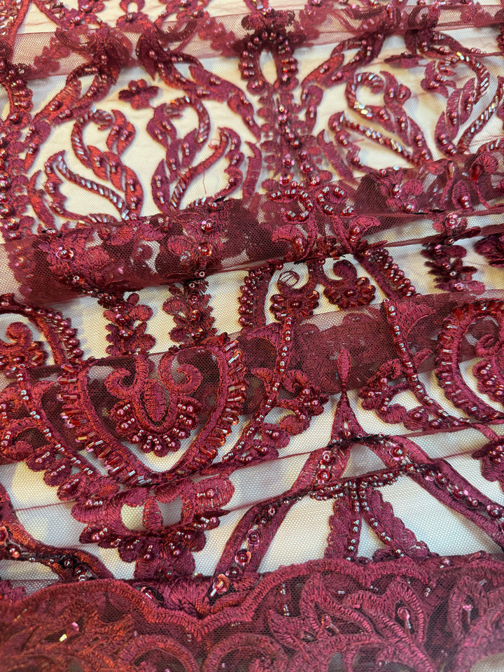 Luxury Burgundy Embroidered Lace with Sequins & Beads – Bridal & Haute Couture Fabric