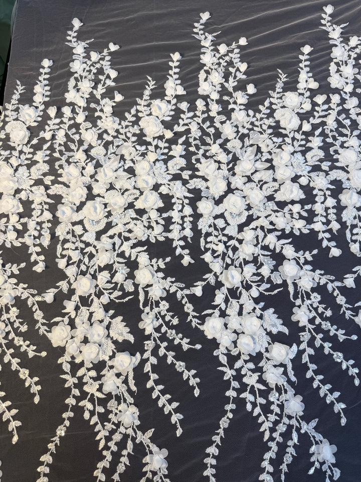 Luxury White 3D Floral Embroidered Lace with Sequins & Beads – Bridal & Evening Couture Fabric (1 Piece is 4 Meter)