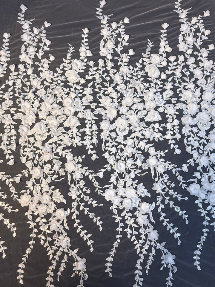 Luxury White 3D Floral Embroidered Lace with Sequins & Beads – Bridal & Evening Couture Fabric (1 Piece is 4 Meter)