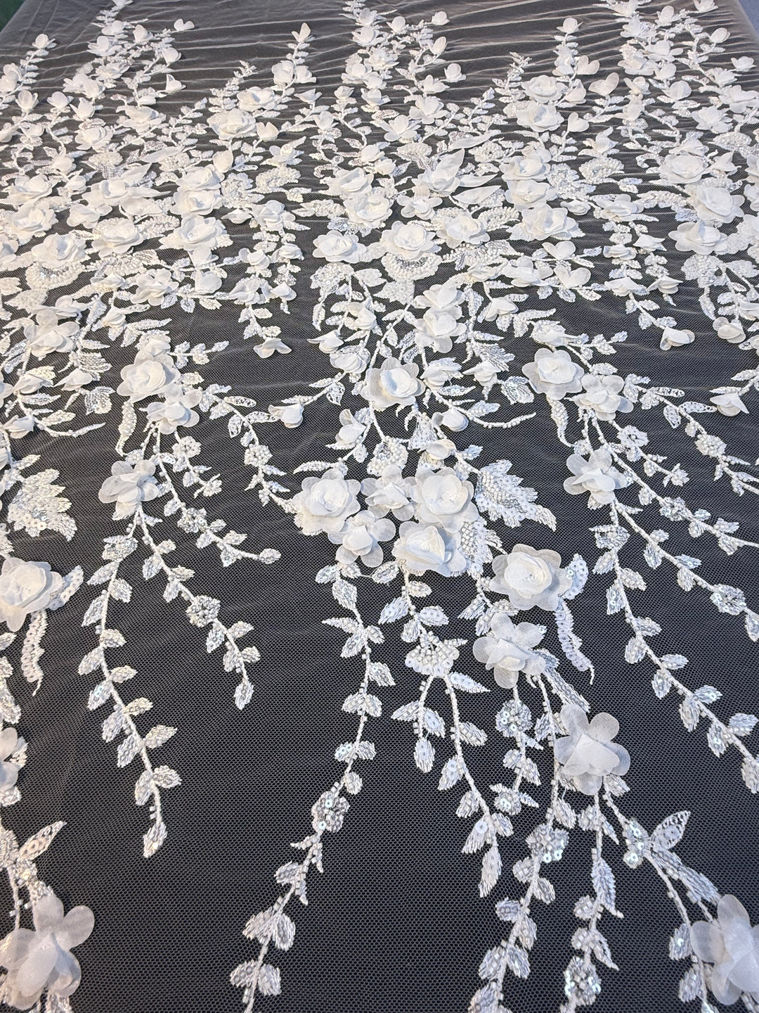 Luxury White 3D Floral Embroidered Lace with Sequins & Beads – Bridal & Evening Couture Fabric (1 Piece is 4 Meter)