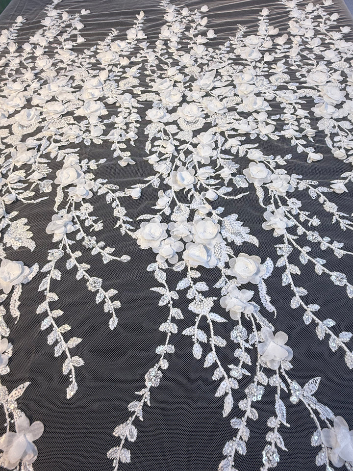 Luxury White 3D Floral Embroidered Lace with Sequins & Beads – Bridal & Evening Couture Fabric (1 Piece is 4 Meter)