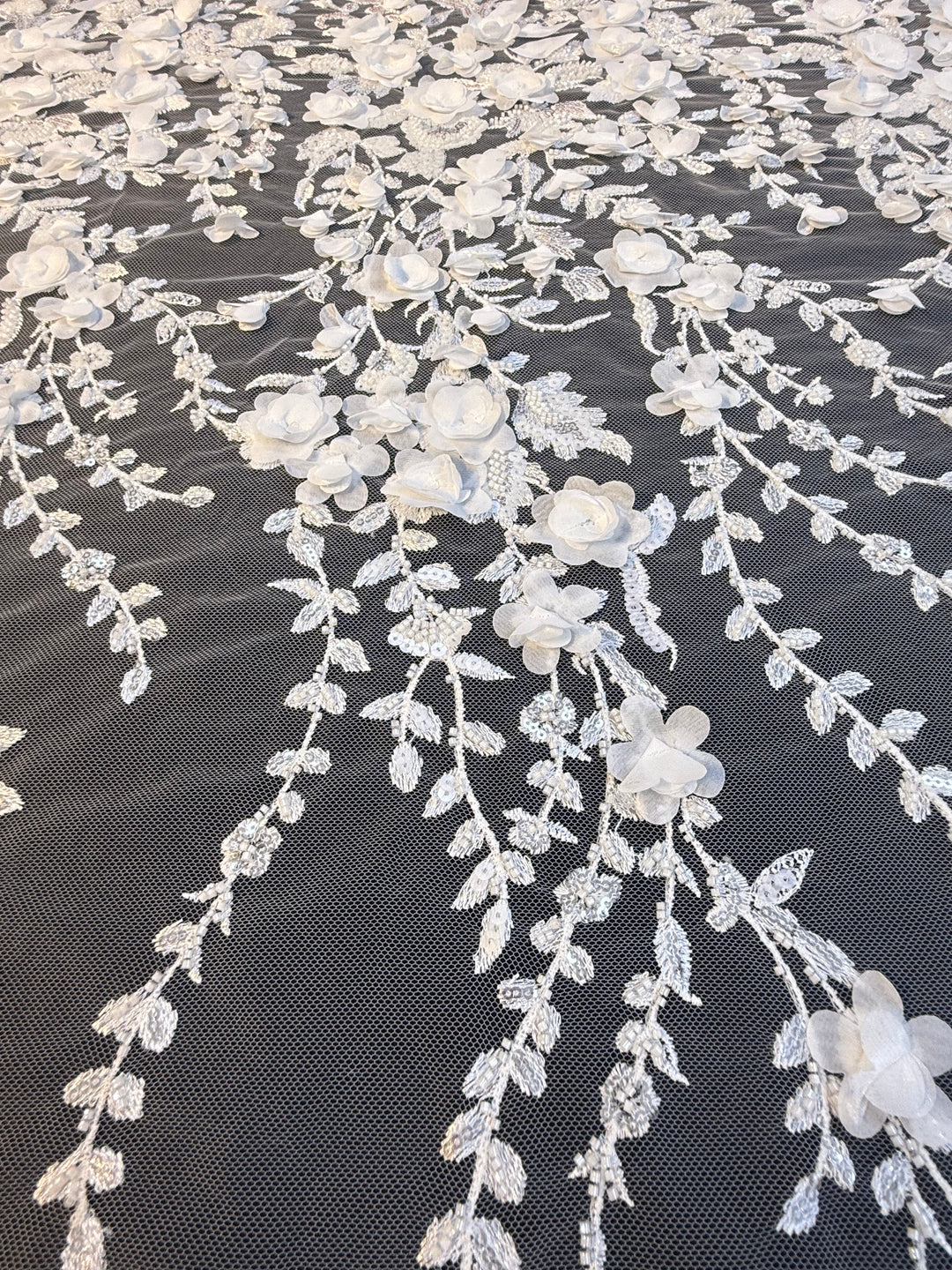Luxury White 3D Floral Embroidered Lace with Sequins & Beads – Bridal & Evening Couture Fabric (1 Piece is 4 Meter)