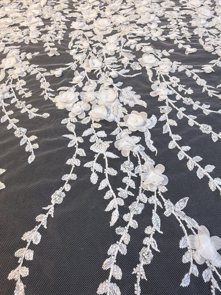 Luxury White 3D Floral Embroidered Lace with Sequins & Beads – Bridal & Evening Couture Fabric (1 Piece is 4 Meter)