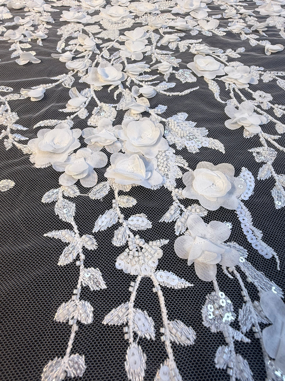 Luxury White 3D Floral Embroidered Lace with Sequins & Beads – Bridal & Evening Couture Fabric (1 Piece is 4 Meter)