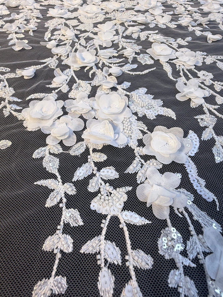 Luxury White 3D Floral Embroidered Lace with Sequins & Beads – Bridal & Evening Couture Fabric (1 Piece is 4 Meter)