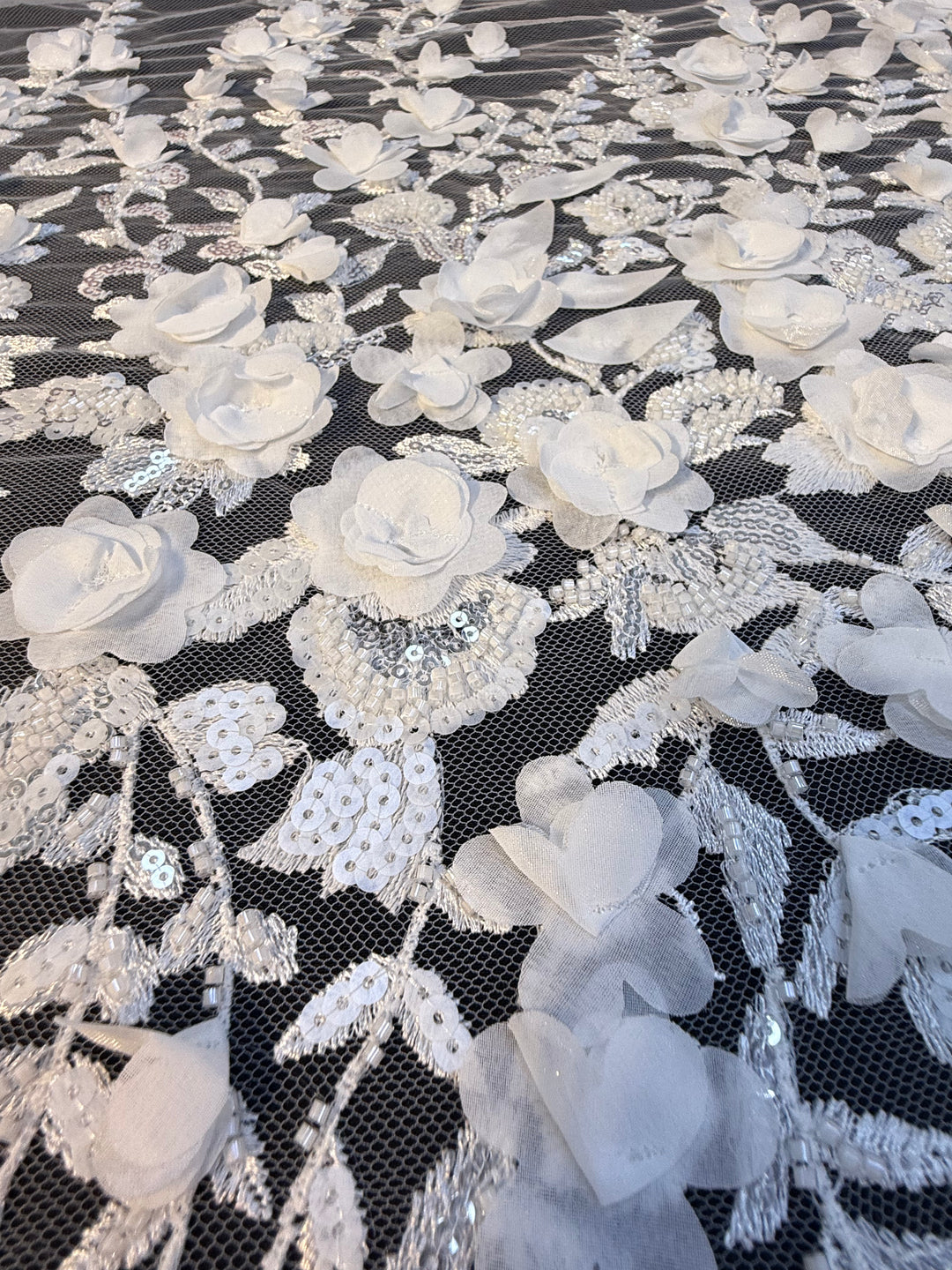 Luxury White 3D Floral Embroidered Lace with Sequins & Beads – Bridal & Evening Couture Fabric (1 Piece is 4 Meter)