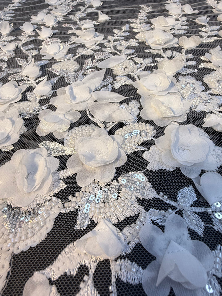Luxury White 3D Floral Embroidered Lace with Sequins & Beads – Bridal & Evening Couture Fabric (1 Piece is 4 Meter)