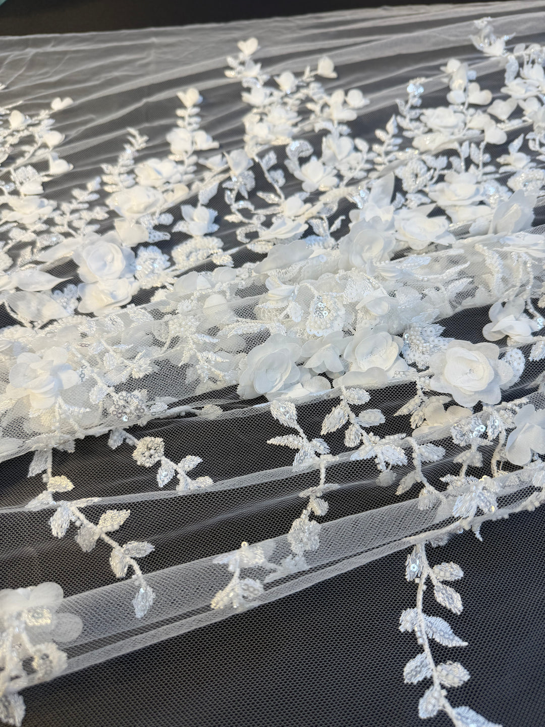 Luxury White 3D Floral Embroidered Lace with Sequins & Beads – Bridal & Evening Couture Fabric (1 Piece is 4 Meter)