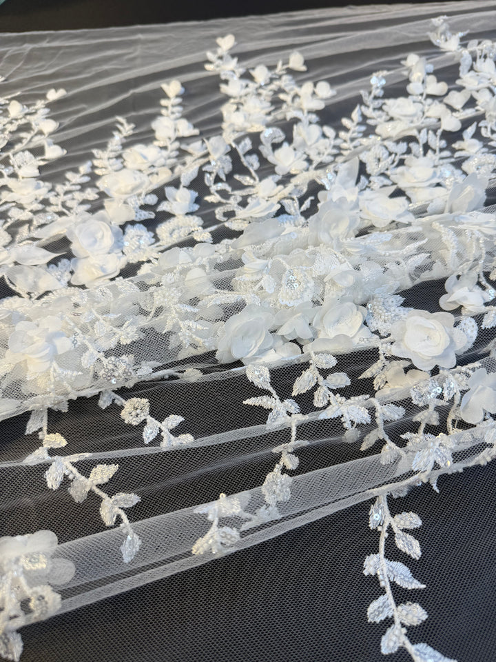Luxury White 3D Floral Embroidered Lace with Sequins & Beads – Bridal & Evening Couture Fabric (1 Piece is 4 Meter)