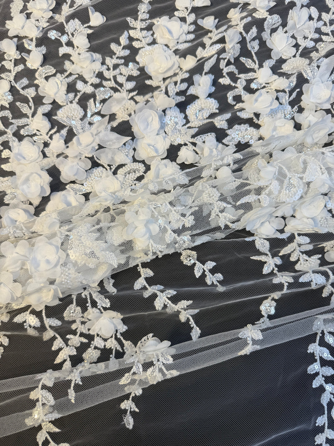 Luxury White 3D Floral Embroidered Lace with Sequins & Beads – Bridal & Evening Couture Fabric (1 Piece is 4 Meter)