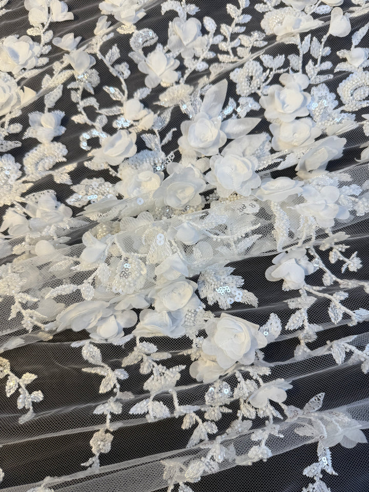 Luxury White 3D Floral Embroidered Lace with Sequins & Beads – Bridal & Evening Couture Fabric (1 Piece is 4 Meter)
