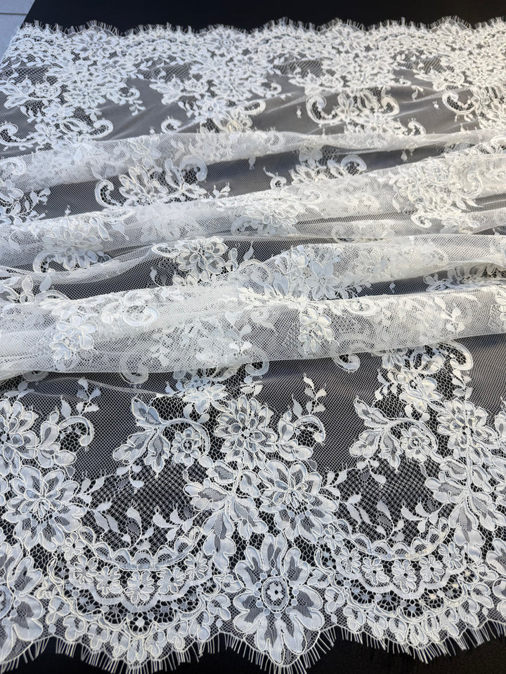 Luxury White French Lace with Floral Embroidery & Scalloped Edges( 1 Piece = 3 Meter)