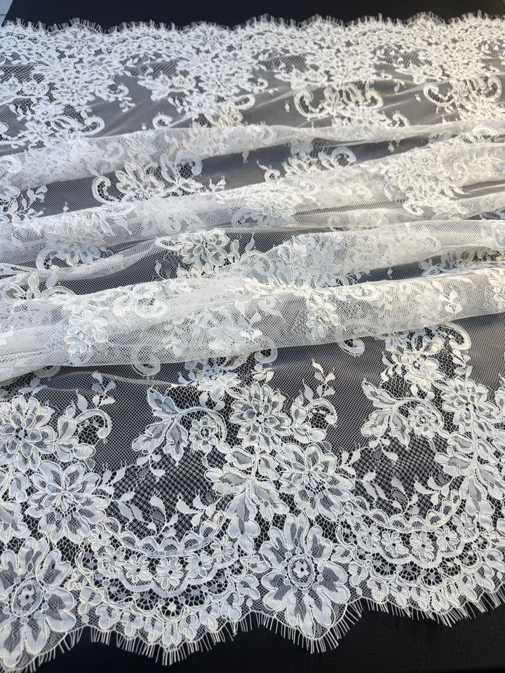 Luxury White French Lace with Floral Embroidery & Scalloped Edges( 1 Piece = 3 Meter)