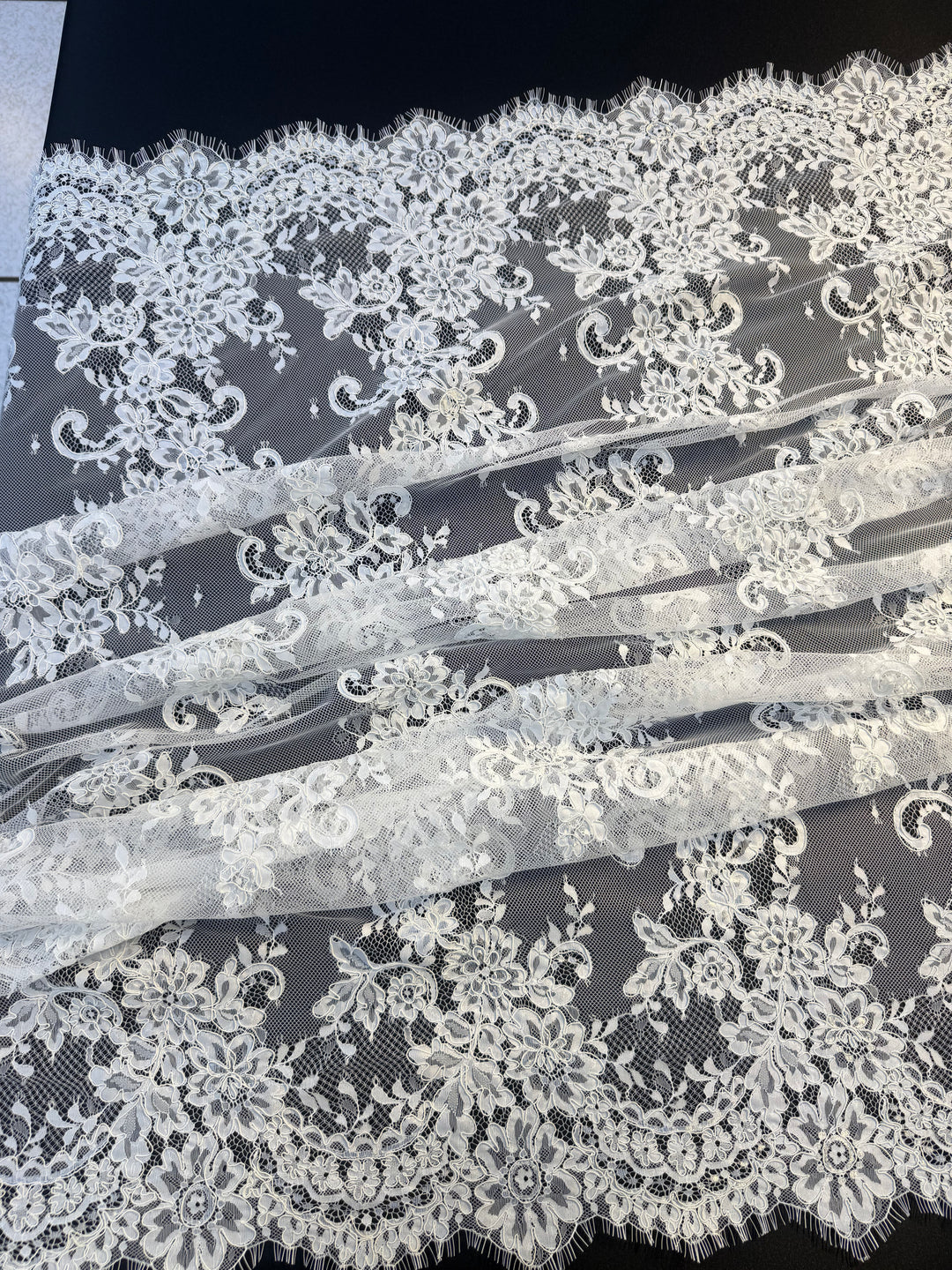 Luxury White French Lace with Floral Embroidery & Scalloped Edges( 1 Piece = 3 Meter)