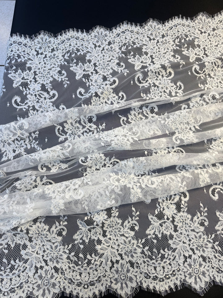 Luxury White French Lace with Floral Embroidery & Scalloped Edges( 1 Piece = 3 Meter)