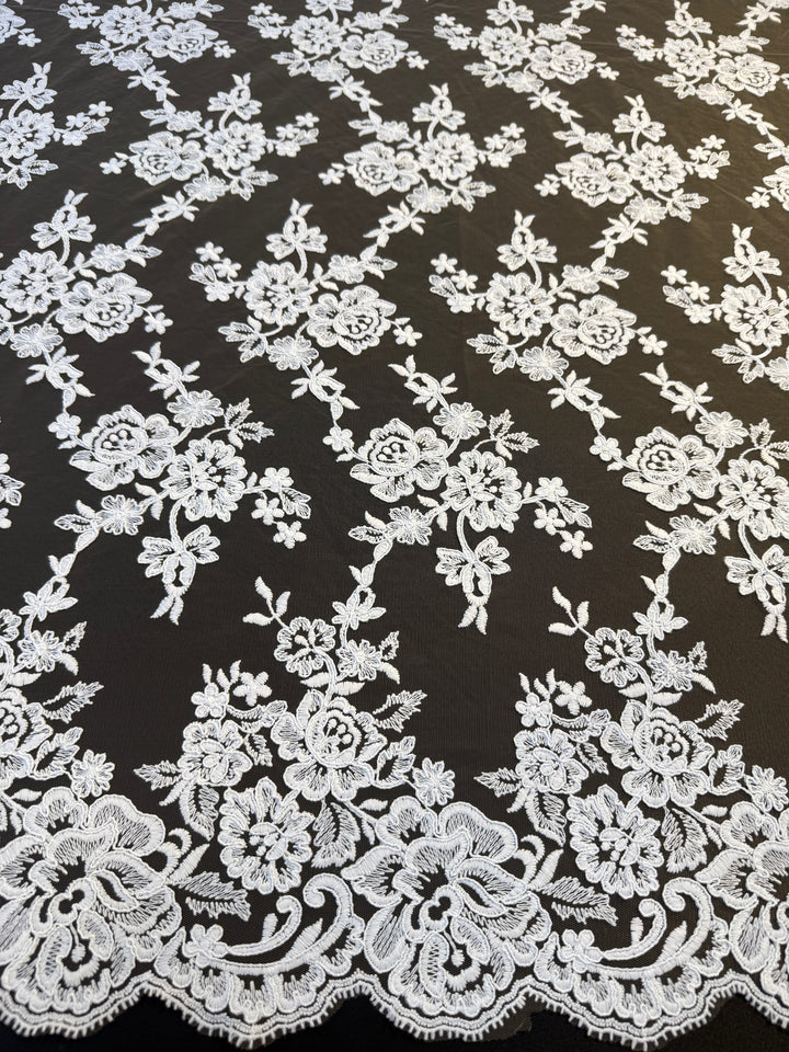 Luxury Nude Tulle with White Floral Embroidered Lace & Scalloped Edge – Bridal & Haute Couture