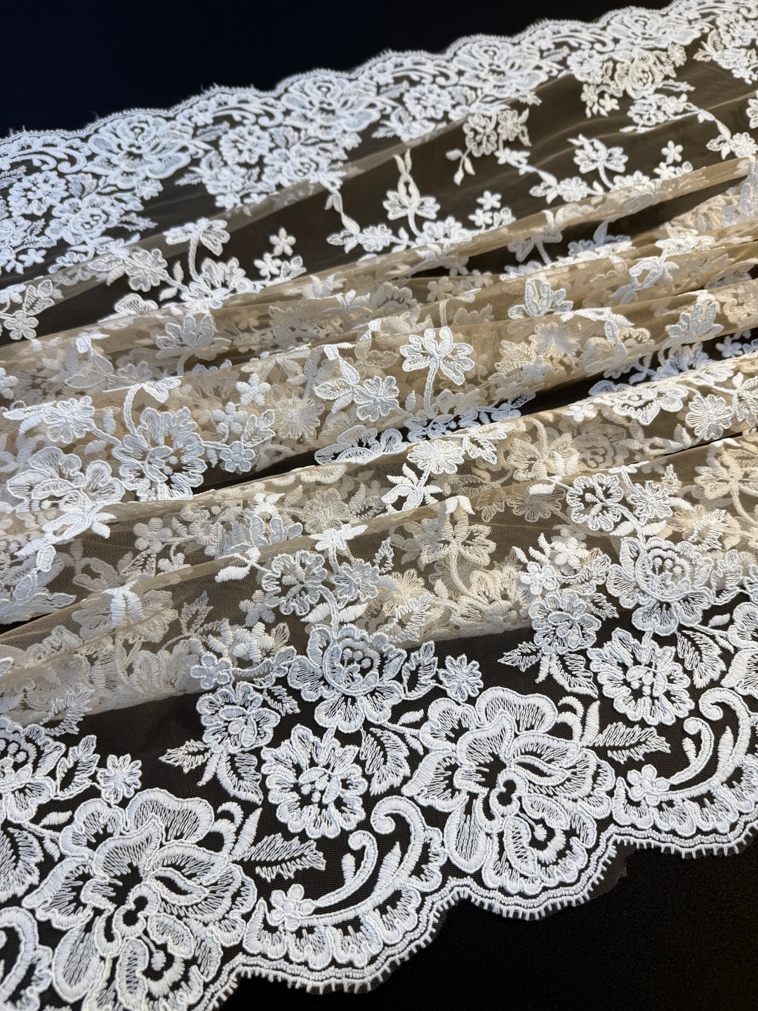 Luxury Nude Tulle with White Floral Embroidered Lace & Scalloped Edge – Bridal & Haute Couture
