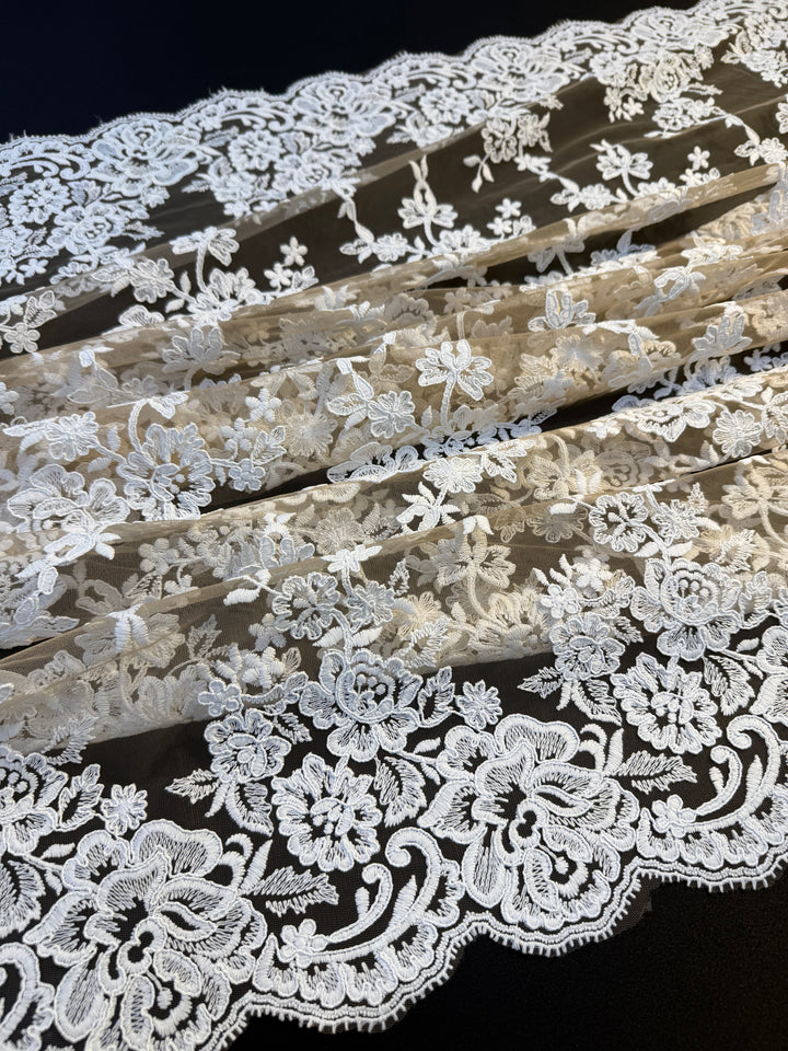 Luxury Nude Tulle with White Floral Embroidered Lace & Scalloped Edge – Bridal & Haute Couture