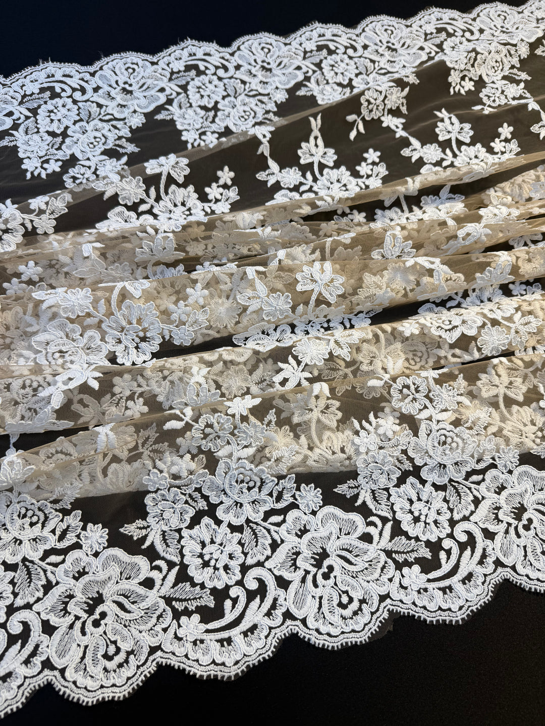 Luxury Nude Tulle with White Floral Embroidered Lace & Scalloped Edge – Bridal & Haute Couture