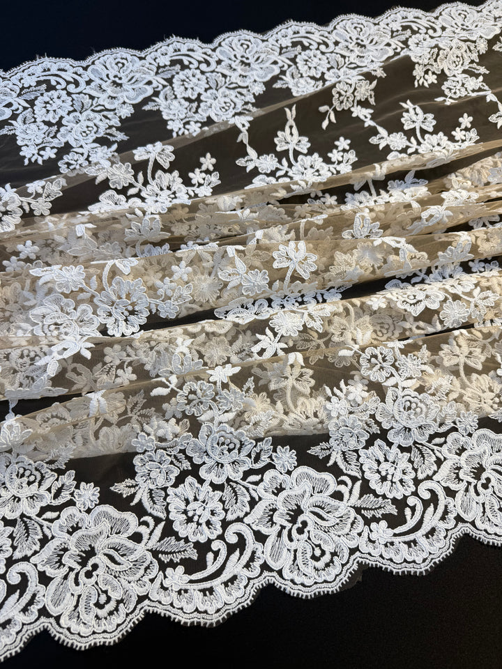 Luxury Nude Tulle with White Floral Embroidered Lace & Scalloped Edge – Bridal & Haute Couture