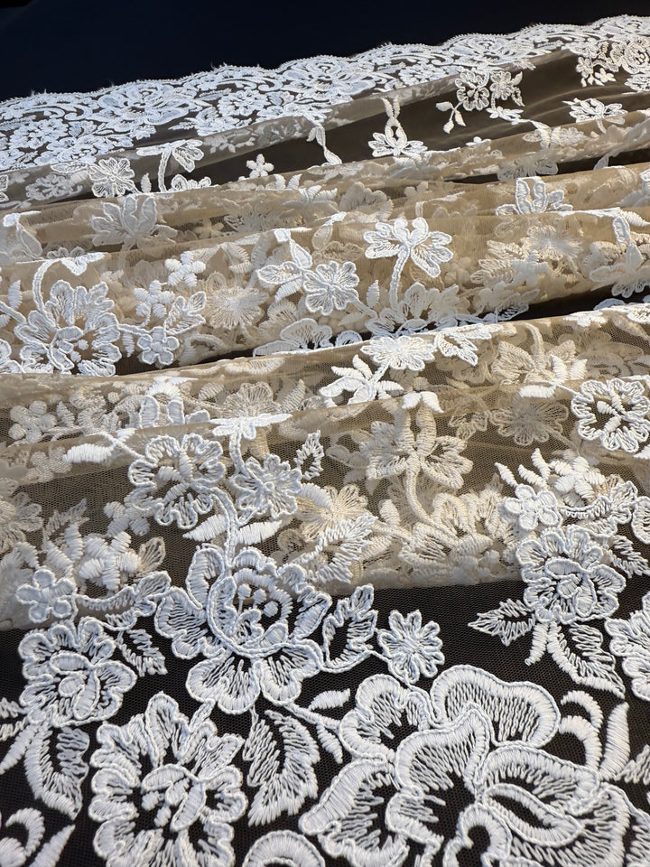 Luxury Nude Tulle with White Floral Embroidered Lace & Scalloped Edge – Bridal & Haute Couture
