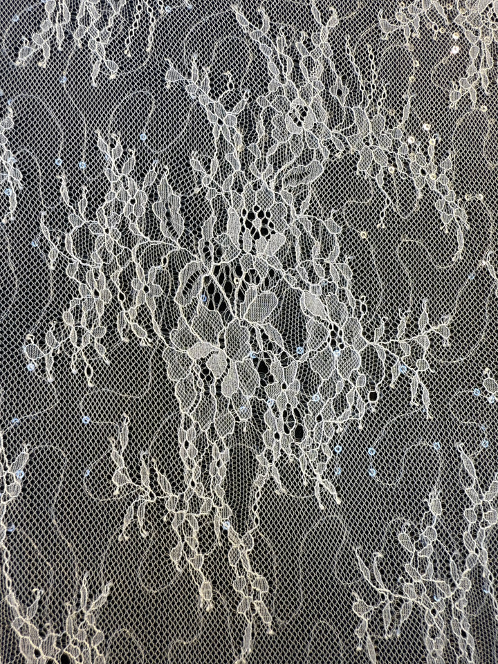 Luxury Ivory Chantilly Lace on white Tulle with Sequins – Bridal & Haute Couture Fabric