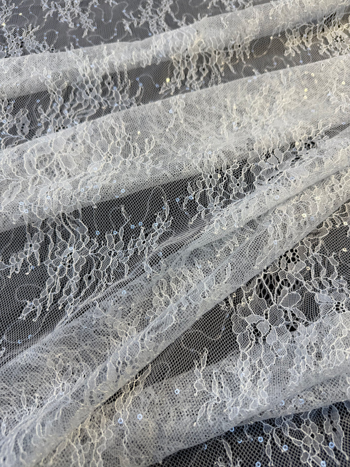 Luxury Ivory Chantilly Lace on white Tulle with Sequins – Bridal & Haute Couture Fabric