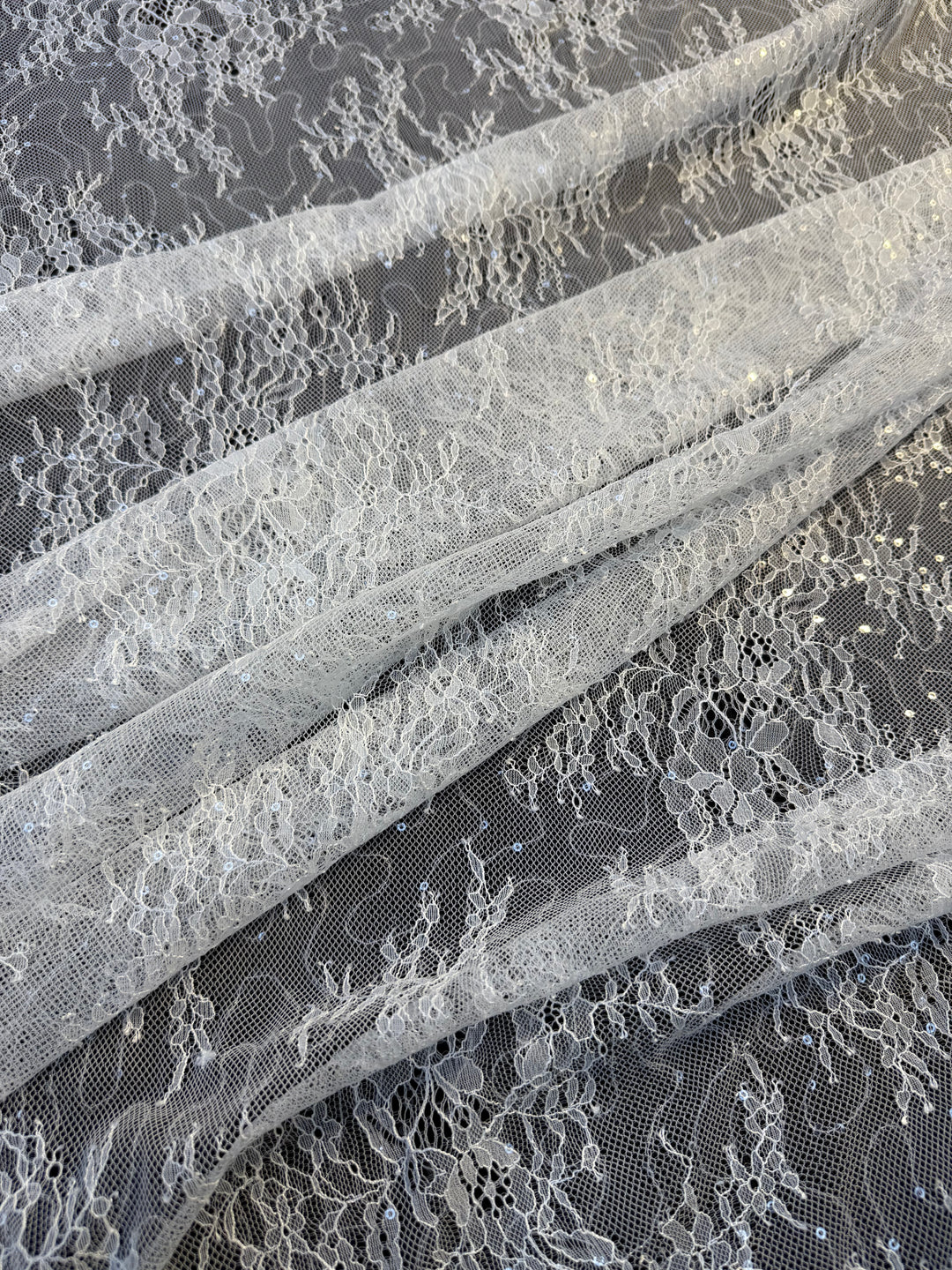 Luxury Ivory Chantilly Lace on white Tulle with Sequins – Bridal & Haute Couture Fabric