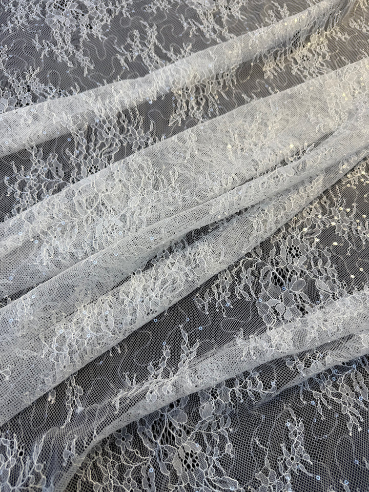 Luxury Ivory Chantilly Lace on white Tulle with Sequins – Bridal & Haute Couture Fabric