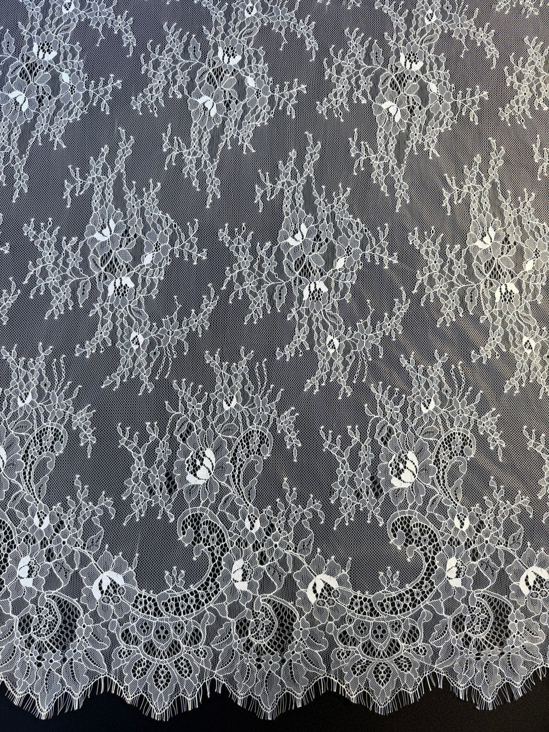 Luxury Ivory Chantilly Lace on white Tulle with Sequins – Bridal & Haute Couture Fabric